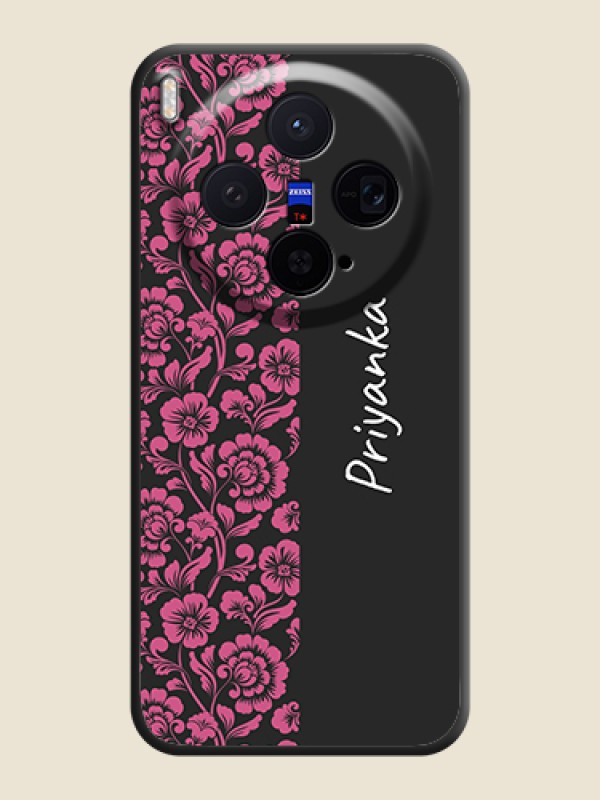 Custom Pink Floral Pattern Design With Custom Text On Space Black Custom Soft Matte Mobile Back Cover - Vivo X300 5G