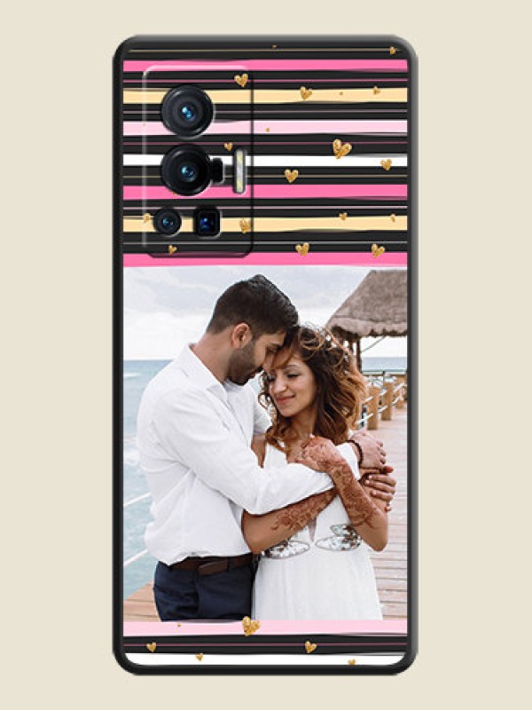 Custom Multicolor Lines and Golden Love Symbols Design on Photo on Space Black Soft Matte Mobile Cover - Vivo X70 Pro 5G