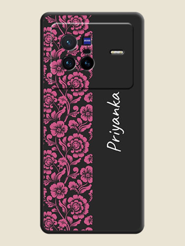 Custom Pink Floral Pattern Design With Custom Text On Space Black Personalized Soft Matte Phone Covers -Vivo X80 5G