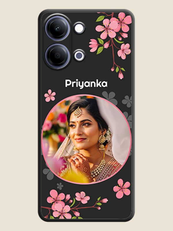 Custom Round Image with Pink Color Floral Design on Photo On Space Black Custom Soft Matte Mobile Back Cover - Vivo Y11 5G