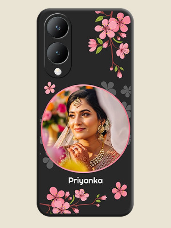 Custom Round Image with Pink Color Floral Design on Photo On Space Black Custom Soft Matte Mobile Back Cover - Vivo Y17S