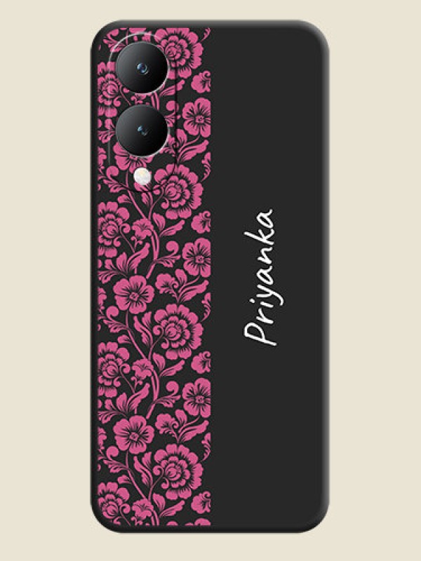 Custom Pink Floral Pattern Design With Custom Text On Space Black Custom Soft Matte Mobile Back Cover - Vivo Y17S