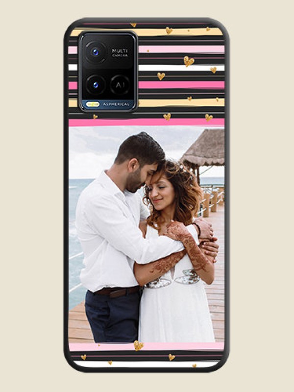 Custom Multicolor Lines and Golden Love Symbols Design on Photo on Space Black Soft Matte Mobile Cover - Vivo Y21G