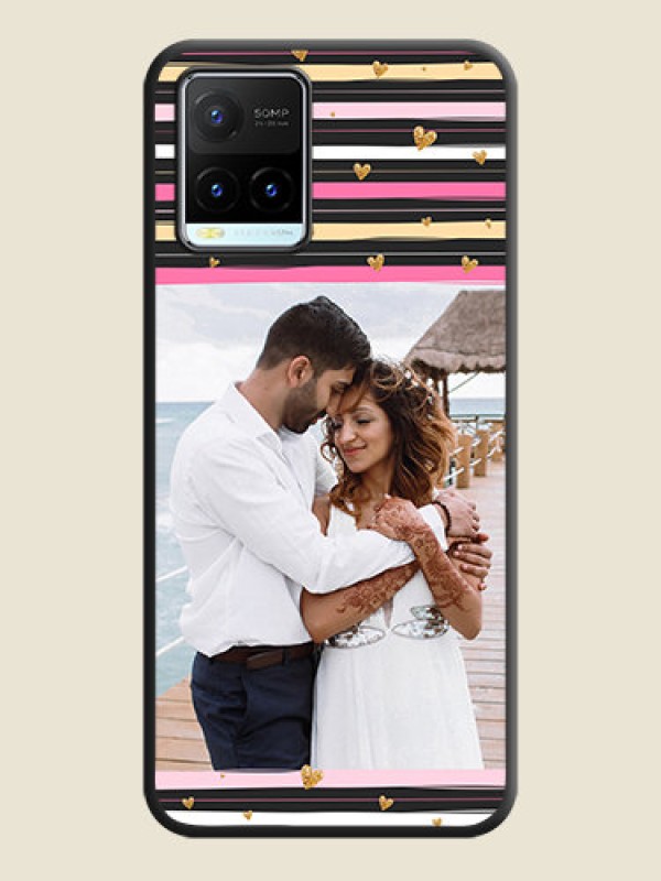 Custom Multicolor Lines and Golden Love Symbols Design on Photo on Space Black Soft Matte Mobile Cover - Vivo Y21T