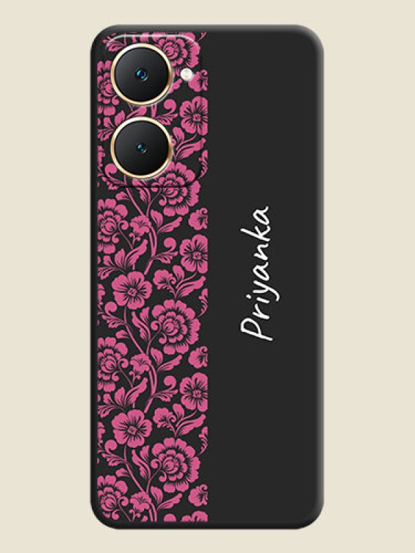 Custom Pink Floral Pattern Design With Custom Text On Space Black Custom Soft Matte Mobile Back Cover - Vivo Y28s 5G
