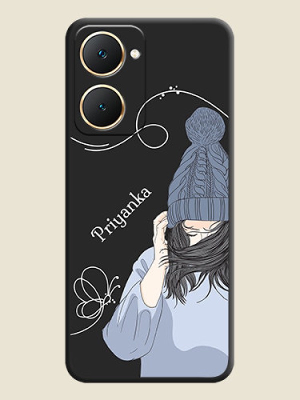 Custom Girl With Blue Winter Outfiit Custom Text Design On Space Black Custom Soft Matte Mobile Back Cover - Vivo Y28s 5G