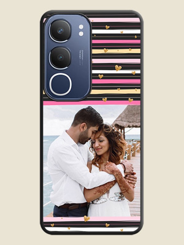 Custom Multicolor Lines and Golden Love Symbols Design on Photo On Space Black Custom Soft Matte Mobile Back Cover - Vivo Y29 5G