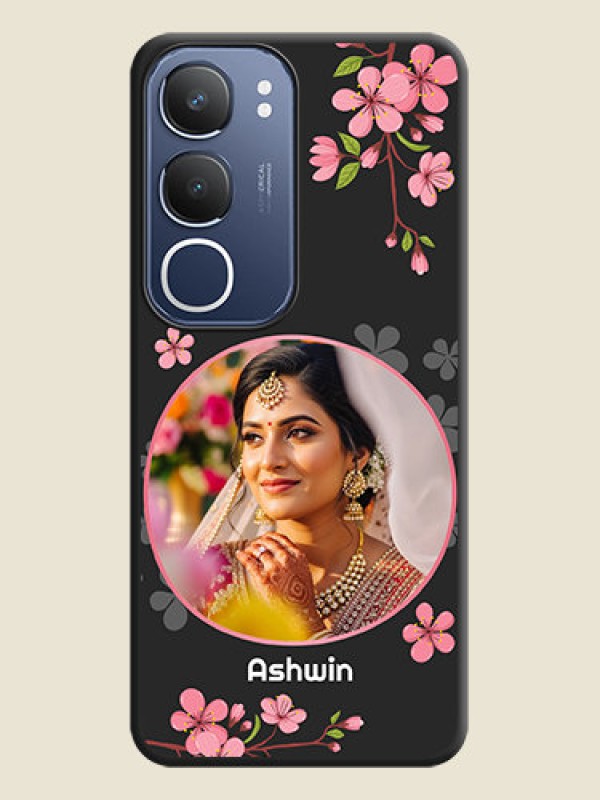 Custom Round Image with Pink Color Floral Design on Photo On Space Black Custom Soft Matte Mobile Back Cover - Vivo Y29 5G