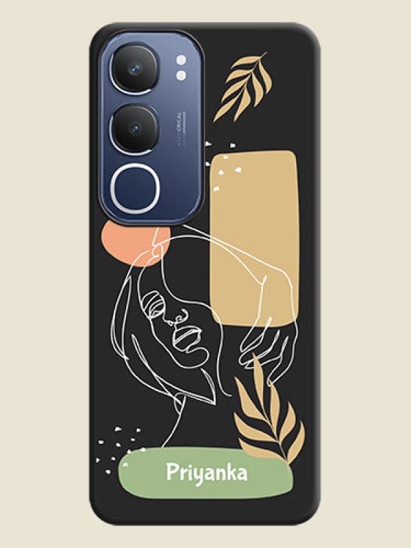 Custom Custom Text With Line Art Of Women & Leaves Design On Space Black Custom Soft Matte Mobile Back Cover - Vivo Y29 5G