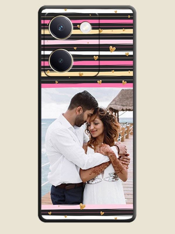 Custom Multicolor Lines and Golden Love Symbols Design on Photo On Space Black Custom Soft Matte Mobile Back Cover - Vivo Y300 Plus 5G