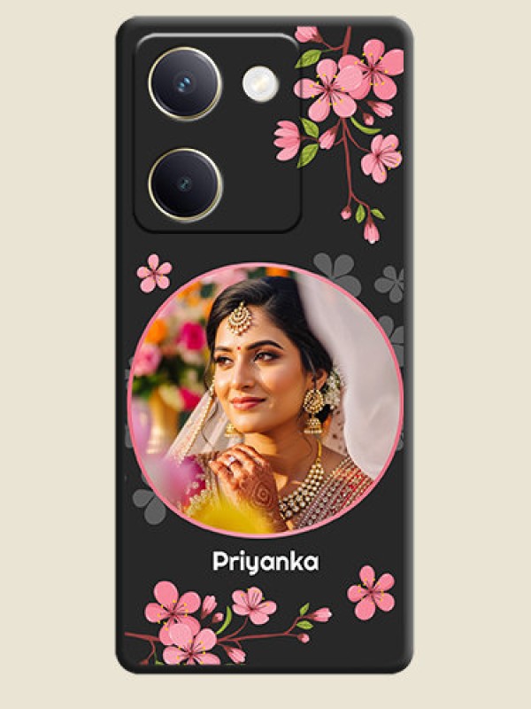 Custom Round Image with Pink Color Floral Design on Photo On Space Black Custom Soft Matte Mobile Back Cover - Vivo Y300 Plus 5G