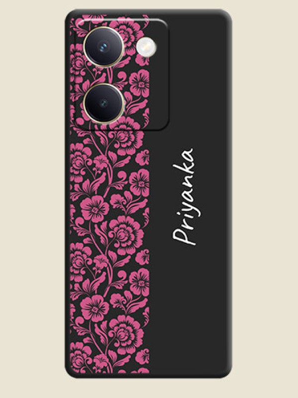 Custom Pink Floral Pattern Design With Custom Text On Space Black Custom Soft Matte Mobile Back Cover - Vivo Y300 Plus 5G