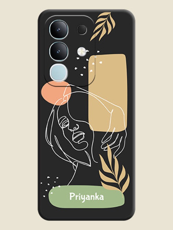 Custom Custom Text With Line Art Of Women & Leaves Design On Space Black Custom Soft Matte Mobile Back Cover - Vivo Y31 Pro 5G