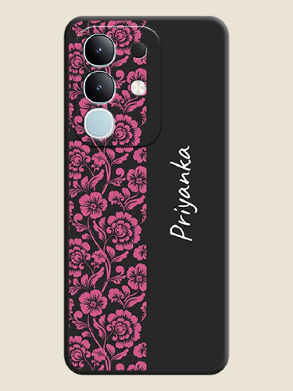Custom Pink Floral Pattern Design With Custom Text On Space Black Custom Soft Matte Mobile Back Cover - Vivo Y31 Pro 5G