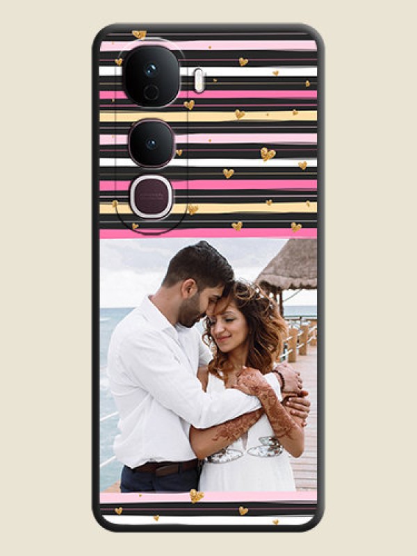 Custom Multicolor Lines and Golden Love Symbols Design on Photo On Space Black Custom Soft Matte Mobile Back Cover - Vivo Y400 Pro 5G