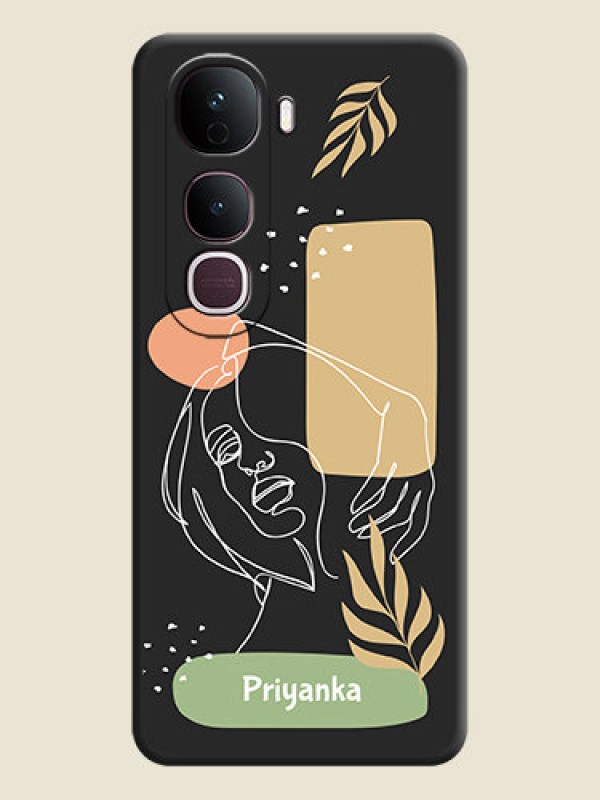 Custom Custom Text With Line Art Of Women & Leaves Design On Space Black Custom Soft Matte Mobile Back Cover - Vivo Y400 Pro 5G