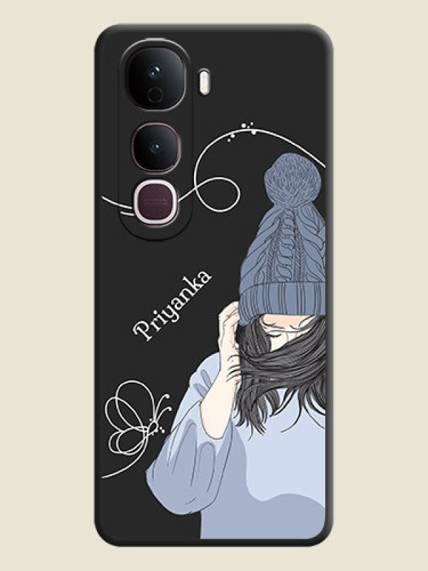 Custom Girl With Blue Winter Outfiit Custom Text Design On Space Black Custom Soft Matte Mobile Back Cover - Vivo Y400 Pro 5G