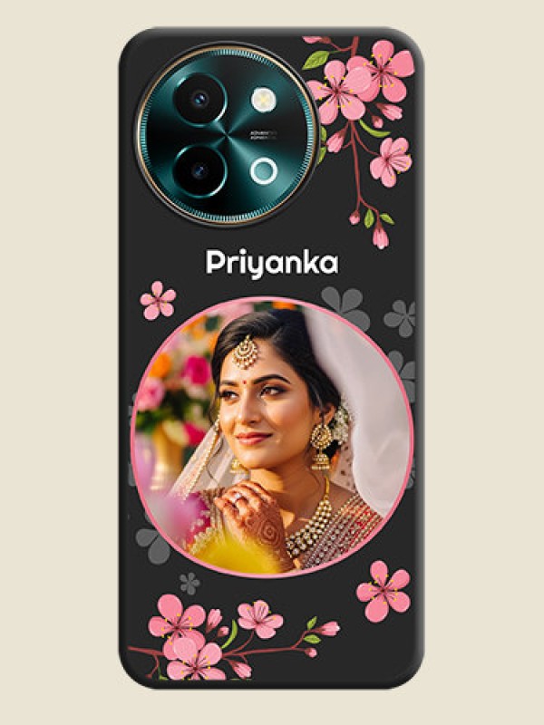 Custom Round Image with Pink Color Floral Design on Photo On Space Black Custom Soft Matte Mobile Back Cover - Vivo Y58 5G
