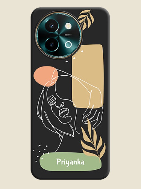 Custom Custom Text With Line Art Of Women & Leaves Design On Space Black Custom Soft Matte Mobile Back Cover - Vivo Y58 5G