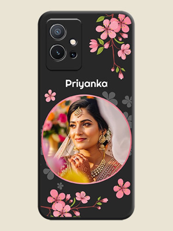 Custom Round Image with Pink Color Floral Design on Photo on Space Black Soft Matte Back Cover - Vivo Y75 5G