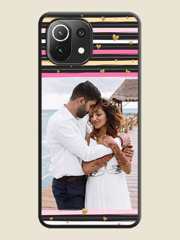 Custom Multicolor Lines and Golden Love Symbols Design on Photo on Space Black Soft Matte Mobile Cover - Mi 11 Lite NE 5G