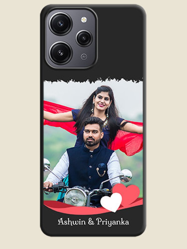 Custom Pink Color Love Shaped Ribbon Design with Text on Space Black Custom Soft Matte Phone Back Cover - Redmi 12 4G