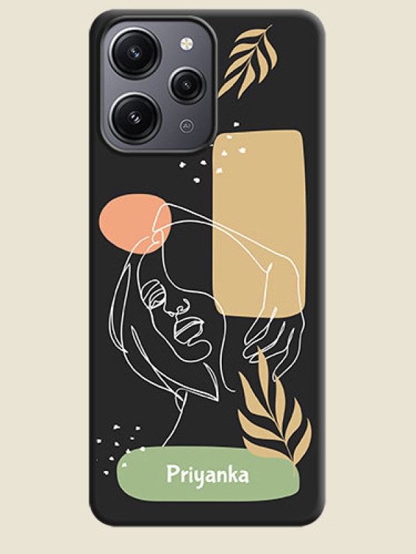 Custom Custom Text With Line Art Of Women & Leaves Design On Space Black Personalized Soft Matte Phone Covers - Redmi 12 4G