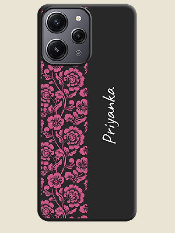 Custom Pink Floral Pattern Design With Custom Text On Space Black Personalized Soft Matte Phone Covers - Redmi 12 4G
