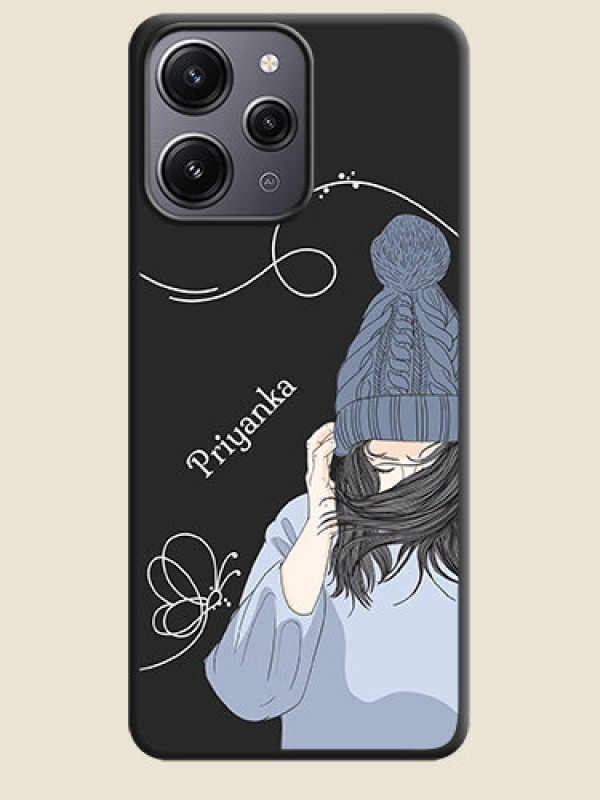 Custom Girl With Blue Winter Outfiit Custom Text Design On Space Black Personalized Soft Matte Phone Covers - Redmi 12 4G