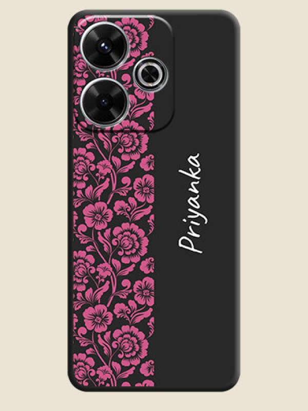 Custom Pink Floral Pattern Design With Custom Text On Space Black Custom Soft Matte Mobile Back Cover - Xiaomi Redmi 13 5G