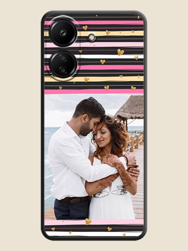 Custom Multicolor Lines and Golden Love Symbols Design on Photo On Space Black Custom Soft Matte Mobile Back Cover - Redmi 13C 4G