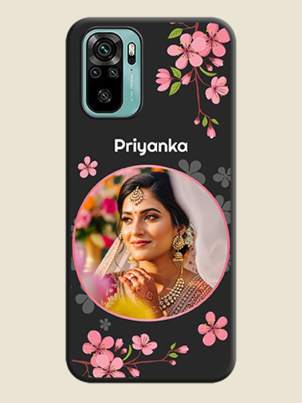 Custom Round Image with Pink Color Floral Design on Photo on Space Black Soft Matte Back Cover - Redmi Note 10