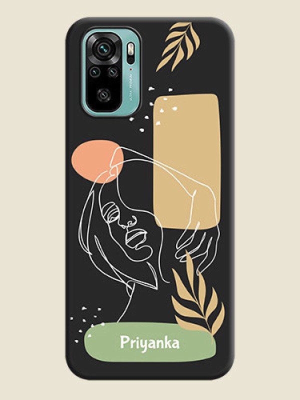 Custom Custom Text With Line Art Of Women & Leaves Design On Space Black Personalized Soft Matte Phone Covers -Xiaomi Redmi Note 10