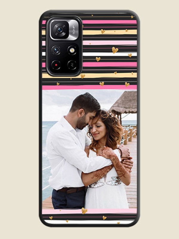 Custom Multicolor Lines and Golden Love Symbols Design on Photo on Space Black Soft Matte Mobile Cover - Redmi Note 11T 5G