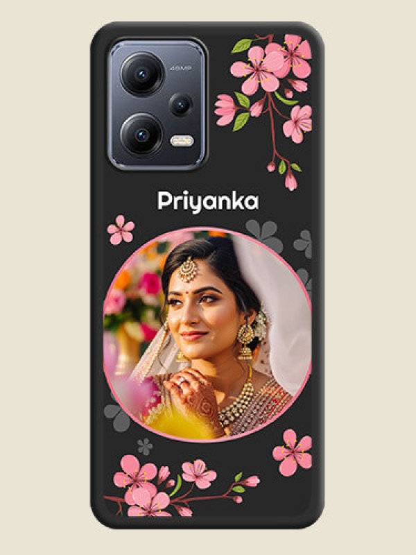 Custom Round Image with Pink Color Floral Design on Photo on Space Black Soft Matte Back Cover - Xiaomi Redmi Note 12 5G