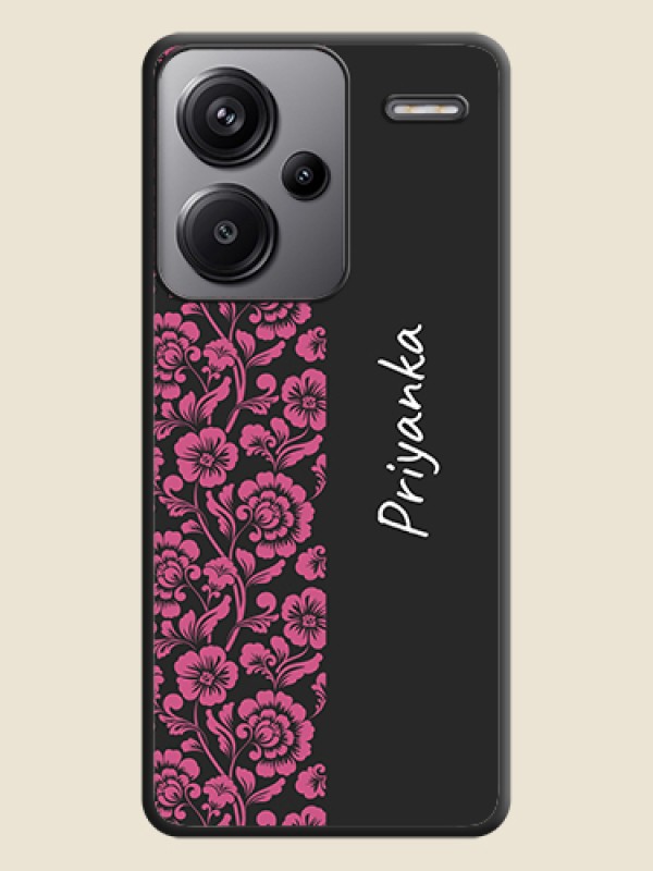 Custom Pink Floral Pattern Design With Custom Text On Space Black Custom Soft Matte Mobile Back Cover - Redmi Note 13 Pro Plus 5G