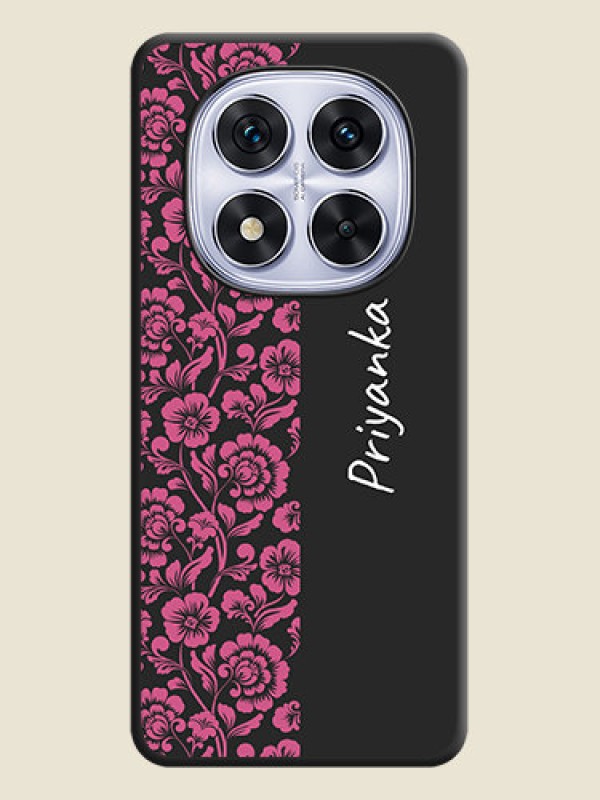 Custom Pink Floral Pattern Design With Custom Text On Space Black Custom Soft Matte Mobile Back Cover - Redmi Note 14 Pro 5G