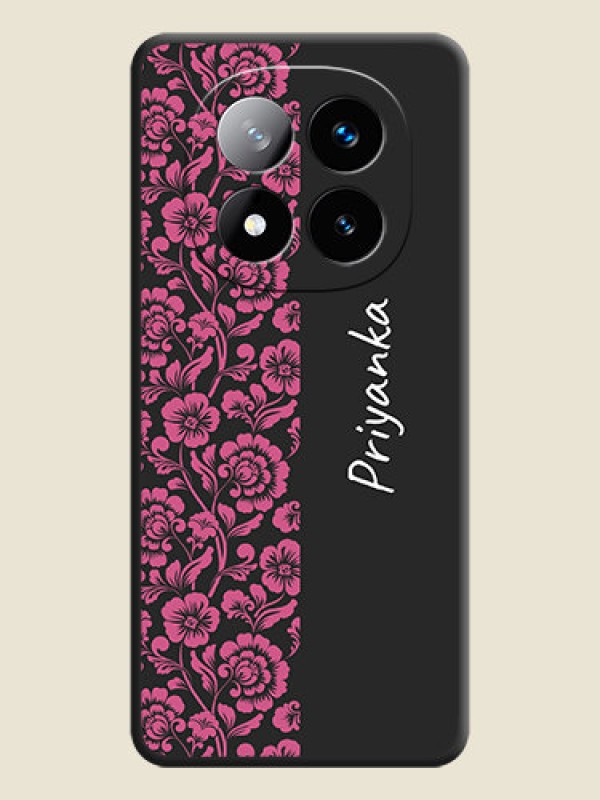Custom Pink Floral Pattern Design With Custom Text On Space Black Custom Soft Matte Mobile Back Cover - Redmi Note 14 Pro Plus 5G