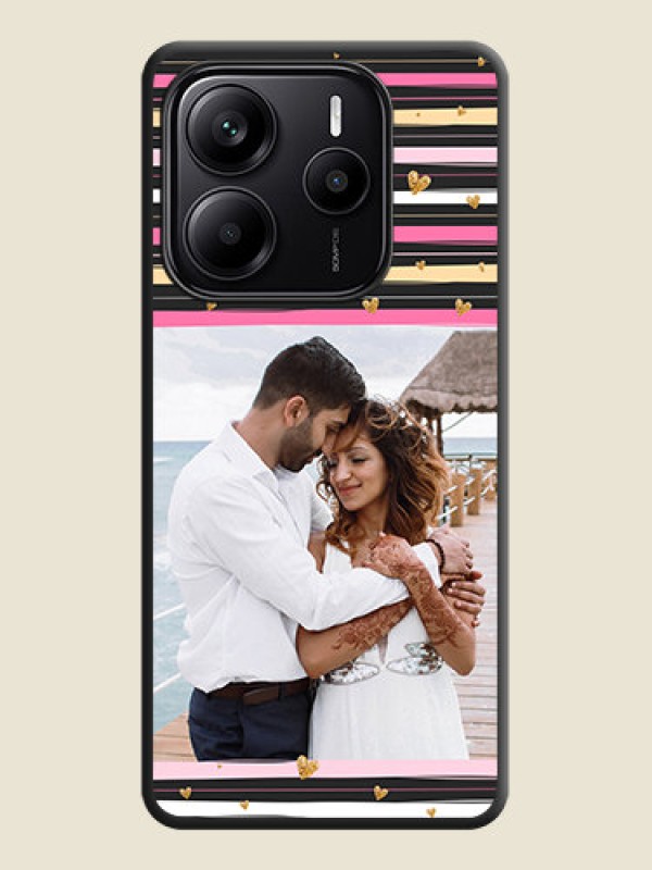 Custom Multicolor Lines and Golden Love Symbols Design on Photo On Space Black Custom Soft Matte Mobile Back Cover - Redmi Note 14 SE 5G