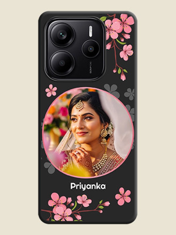 Custom Round Image with Pink Color Floral Design on Photo On Space Black Custom Soft Matte Mobile Back Cover - Redmi Note 14 SE 5G
