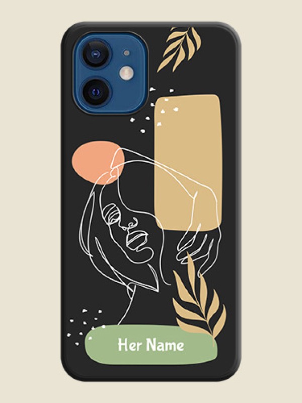 Custom Custom Text With Line Art Of Women & Leaves Design On Space Black Personalized Soft Matte Phone Covers -Apple Iphone 12 - alternate view