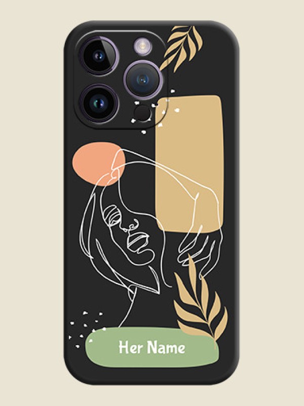 Custom Custom Text With Line Art Of Women & Leaves Design On Space Black Personalized Soft Matte Phone Covers -Apple Iphone 14 Pro - alternate view