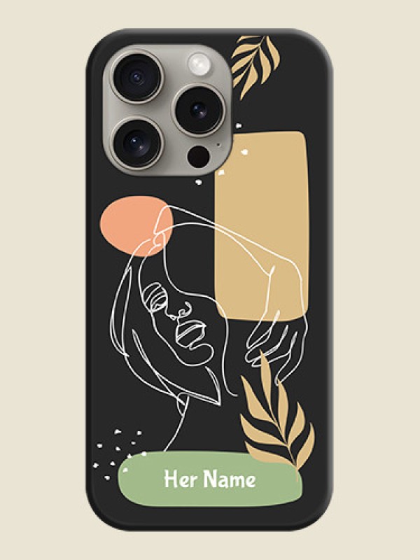Custom Custom Text With Line Art Of Women & Leaves Design On Space Black Personalized Soft Matte Phone Covers - iPhone 15 Pro - alternate view