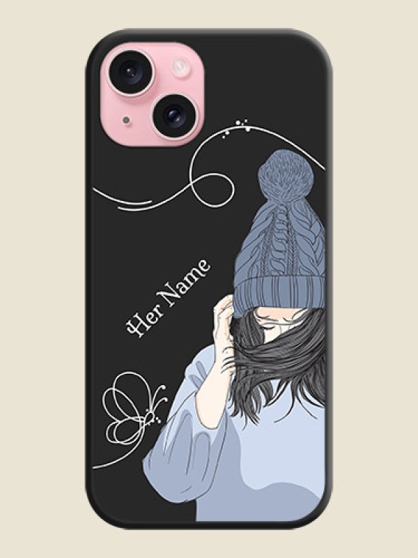 Custom Girl With Blue Winter Outfiit Custom Text Design On Space Black Personalized Soft Matte Phone Covers - iPhone 15 - alternate view