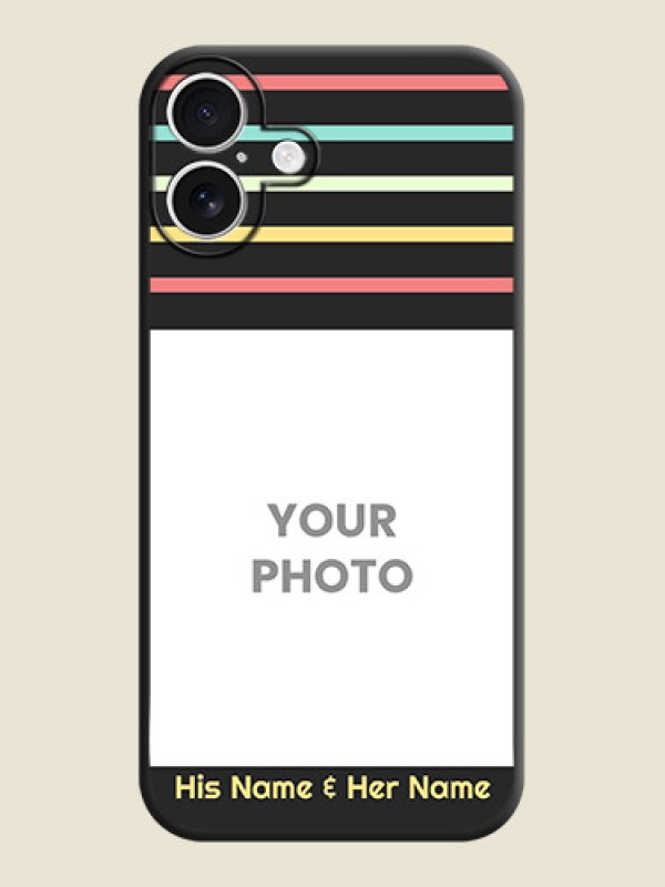 Custom Color Stripes with Photo and Text on Photo On Space Black Custom Soft Matte Mobile Back Cover - iPhone 16 Plus - alternate view