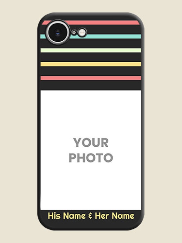 Custom Color Stripes with Photo and Text on Photo On Space Black Custom Soft Matte Mobile Back Cover - iPhone 16e - alternate view