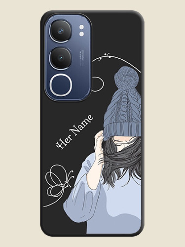 Custom Girl With Blue Winter Outfiit Custom Text Design On Space Black Custom Soft Matte Mobile Back Cover - iQOO Z10 Lite - alternate view
