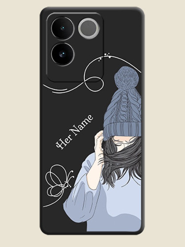 Custom Girl With Blue Winter Outfiit Custom Text Design On Space Black Personalized Soft Matte Phone Covers - iQOO Z7 Pro 5G - alternate view