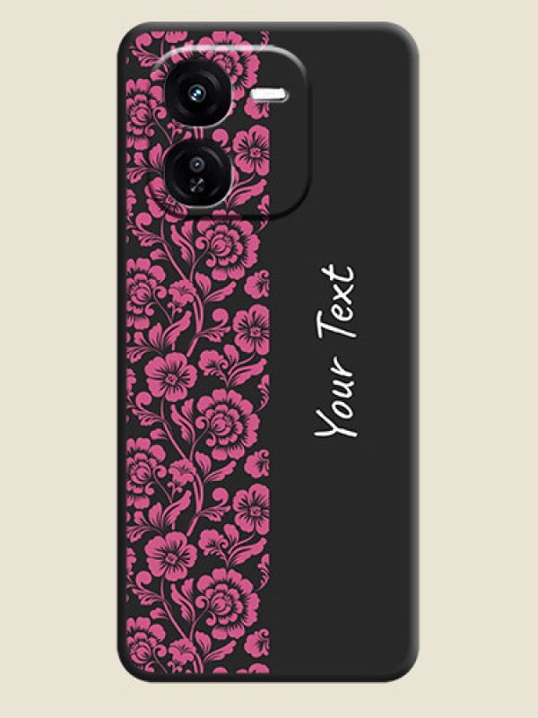 Custom Pink Floral Pattern Design With Custom Text On Space Black Custom Soft Matte Mobile Back Cover - iQOO Z9X 5G - alternate view