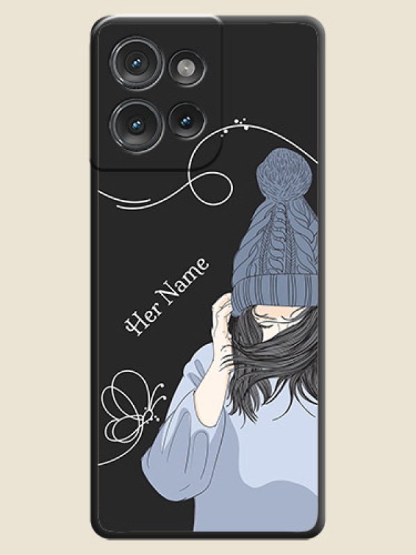 Custom Girl With Blue Winter Outfiit Custom Text Design On Space Black Custom Soft Matte Mobile Back Cover - Motorola Edge 50 - alternate view